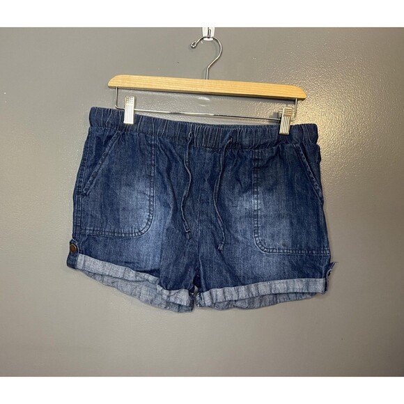 Wax Jean Shorts Womens Large Dark Blue Denim Casual Roll Cuff Drawstring Pockets - Picture 1 of 4